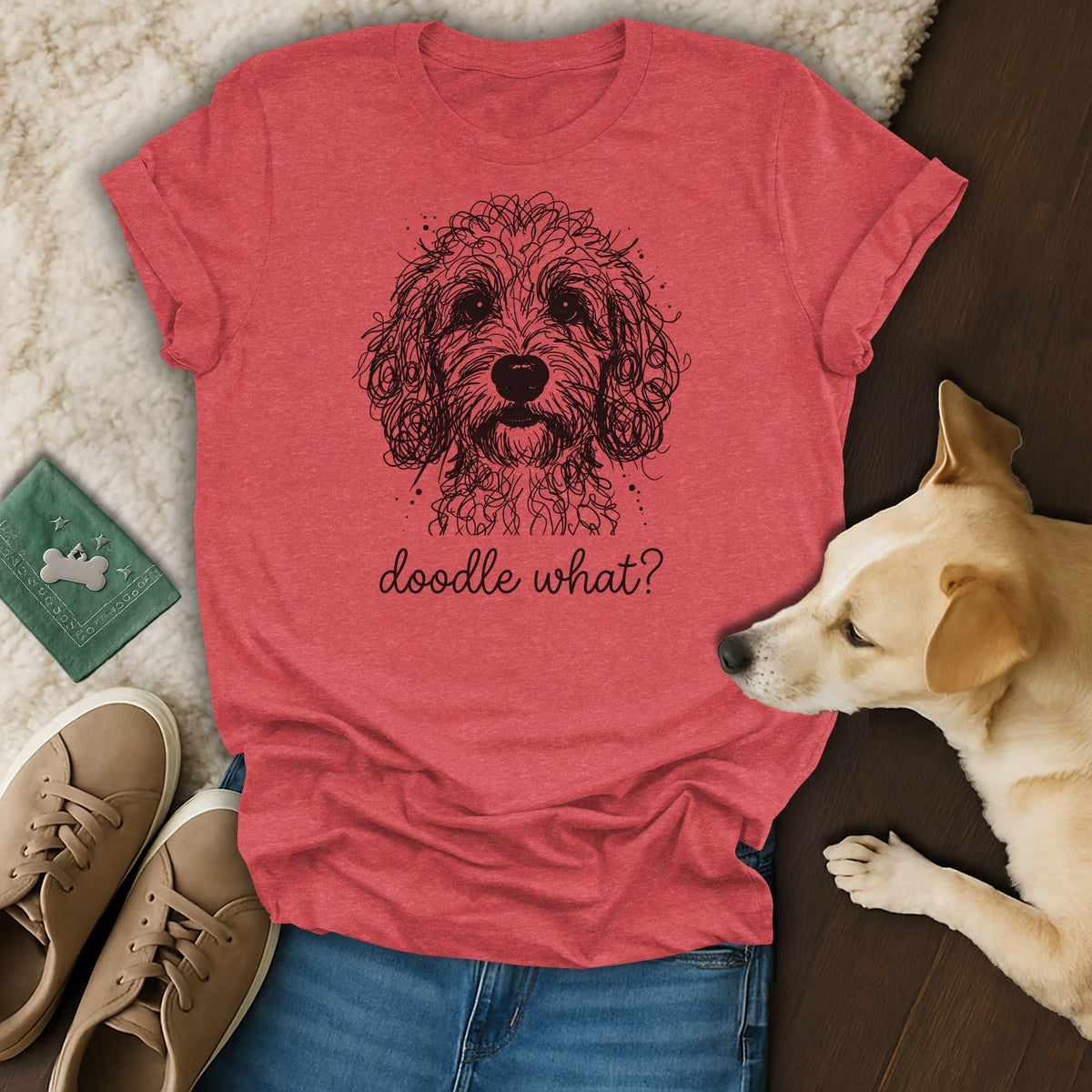 Red t-shirt with black doodle dog sketch and "doodle what?" text.