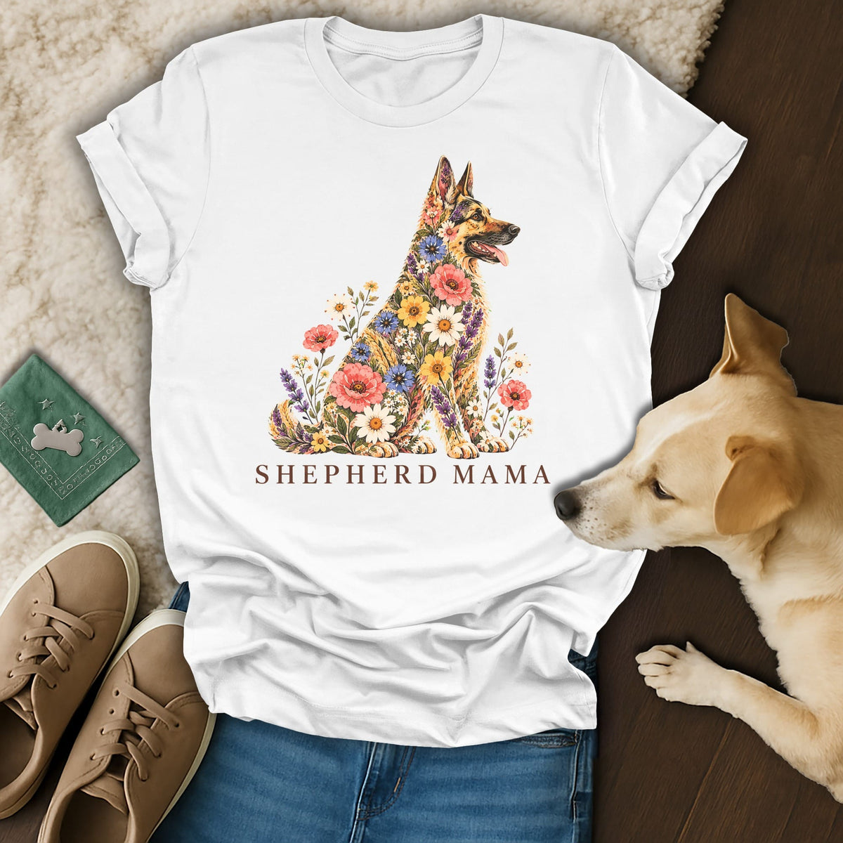 A white t-shirt featuring a German Shepherd graphic made of colorful flowers with the text Shepherd Mama.