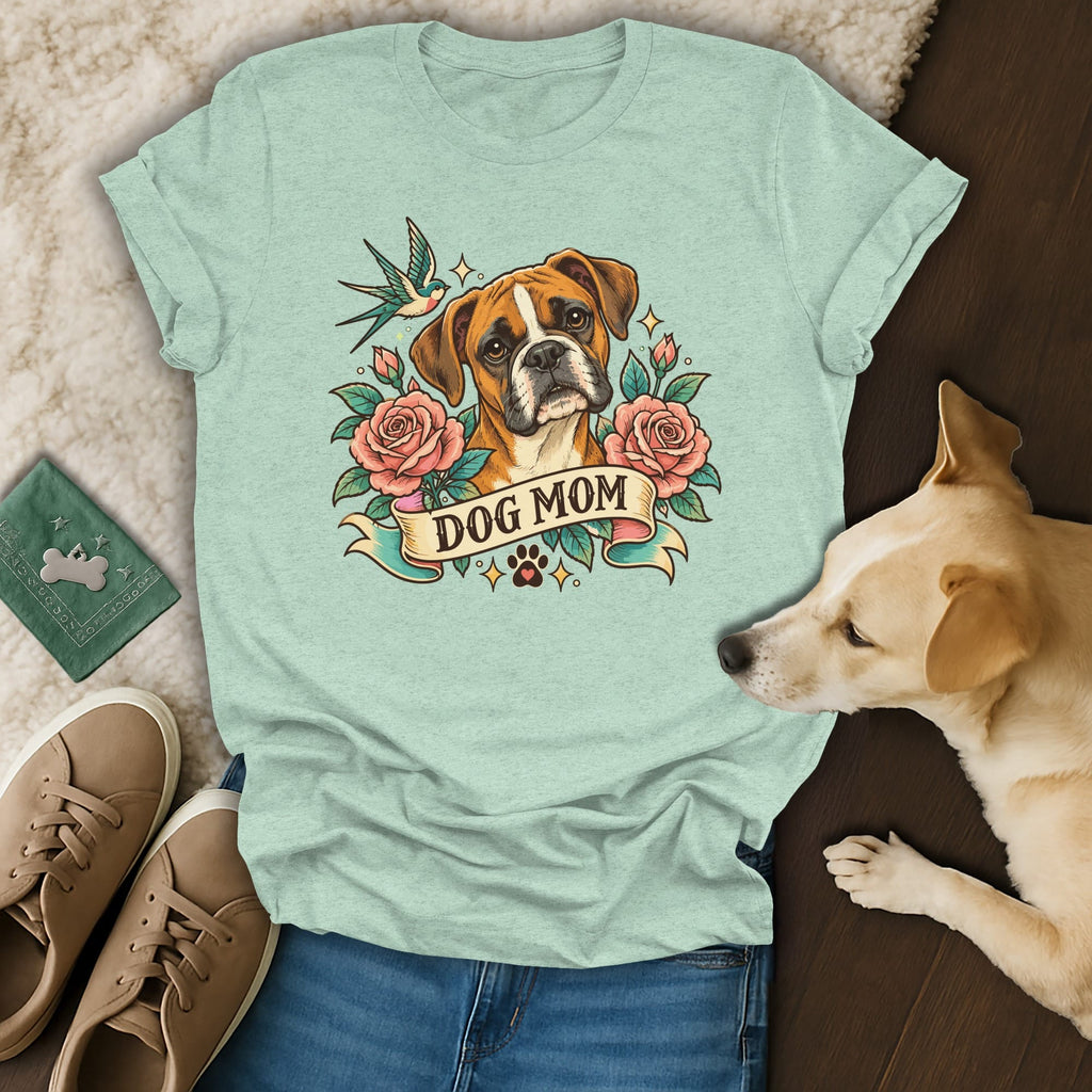 Mint green t-shirt featuring a boxer dog, roses, and the text DOG MOM, laid out with shoes, jeans, and a dog.