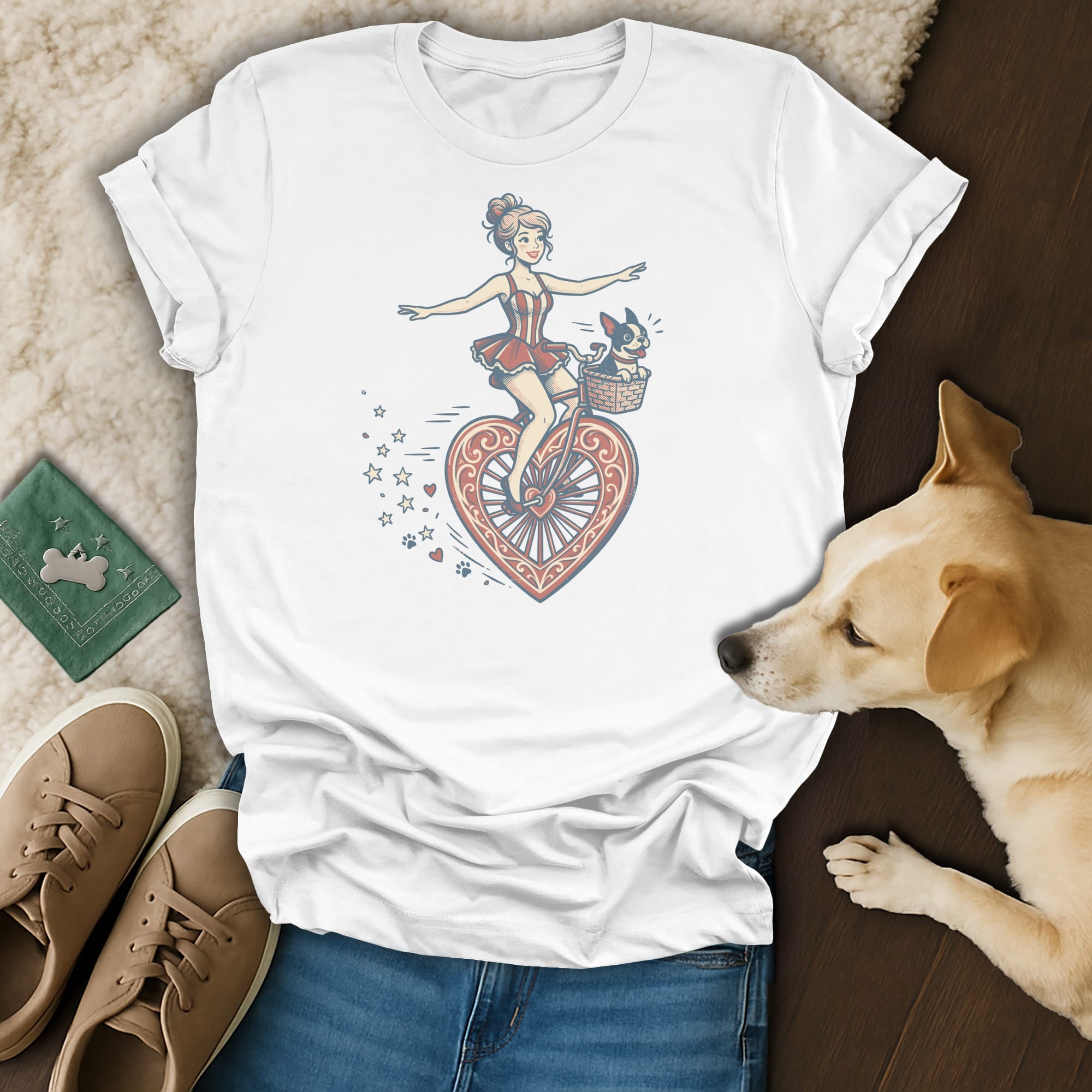 White t-shirt with graphic of woman on bicycle with dog, surrounded by stars and hearts.