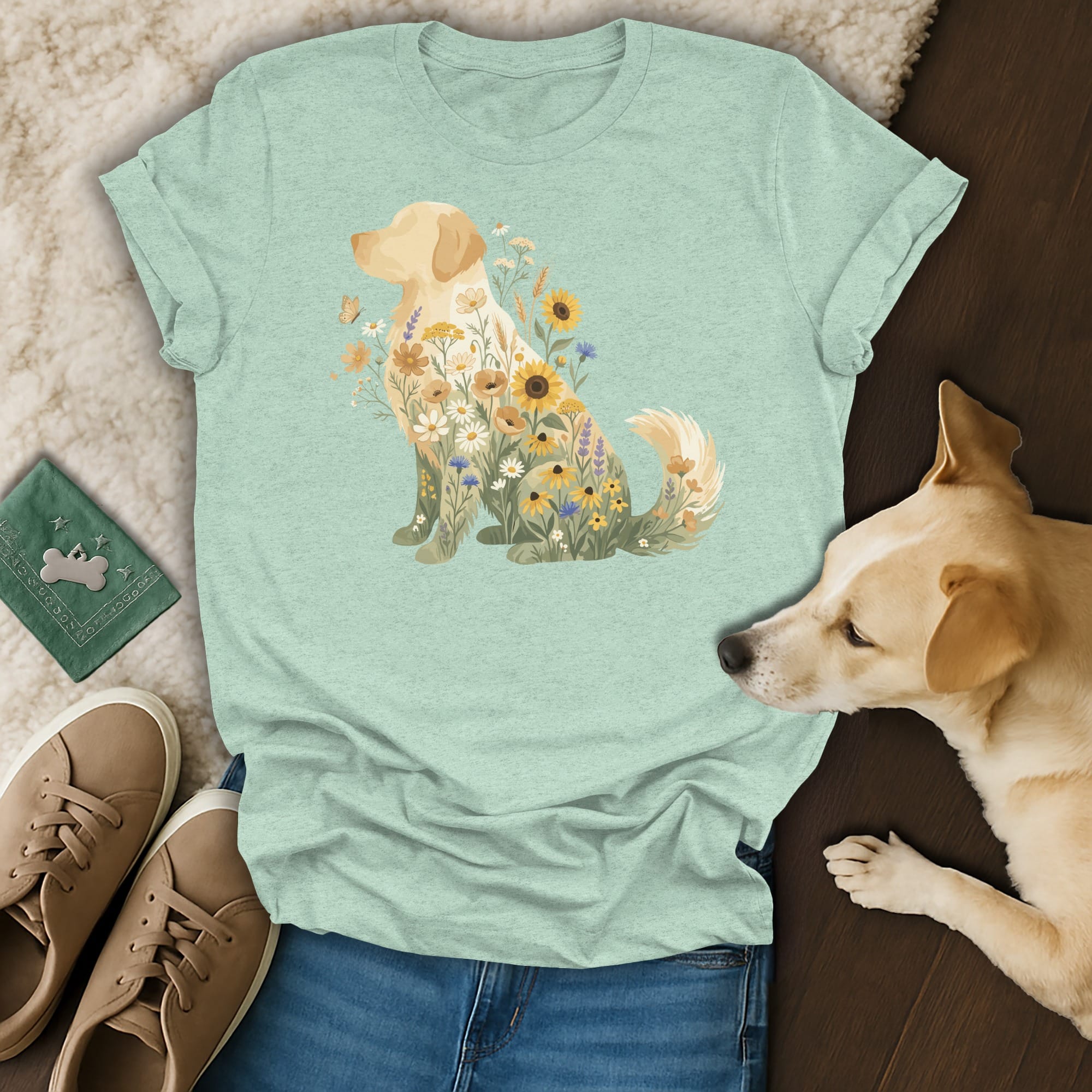 Light mint t-shirt with a floral dog graphic and a real dog next to it.