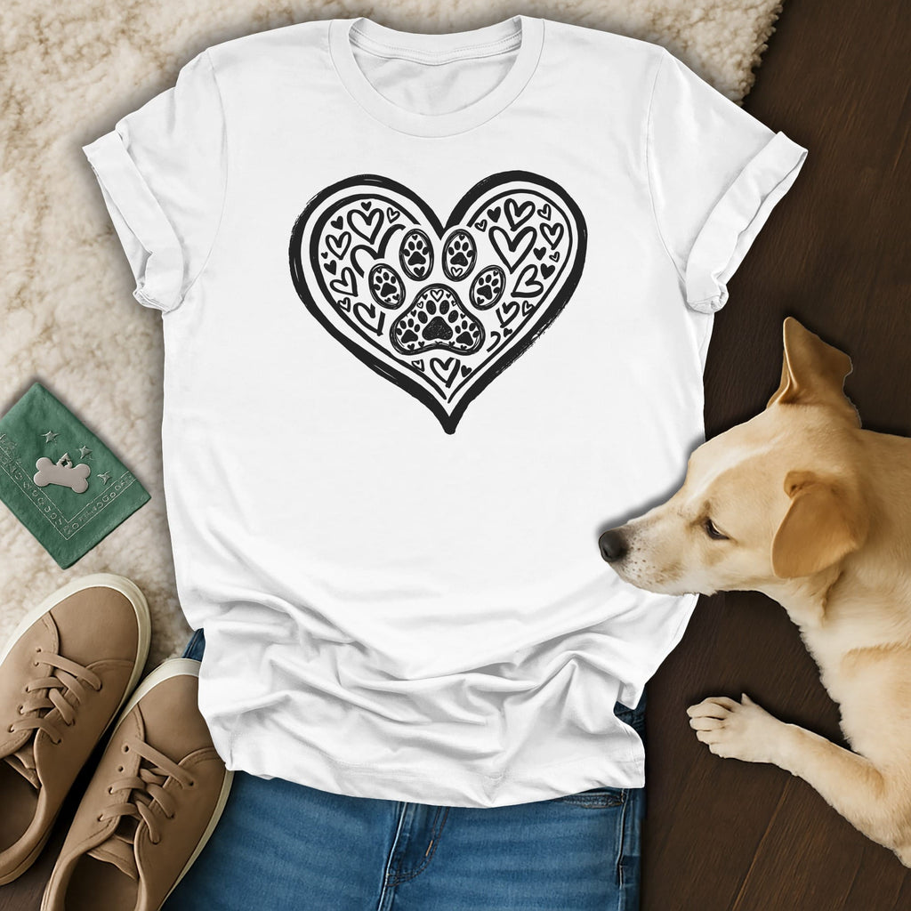 White t-shirt with black heart design filled with paw prints and dog hearts.