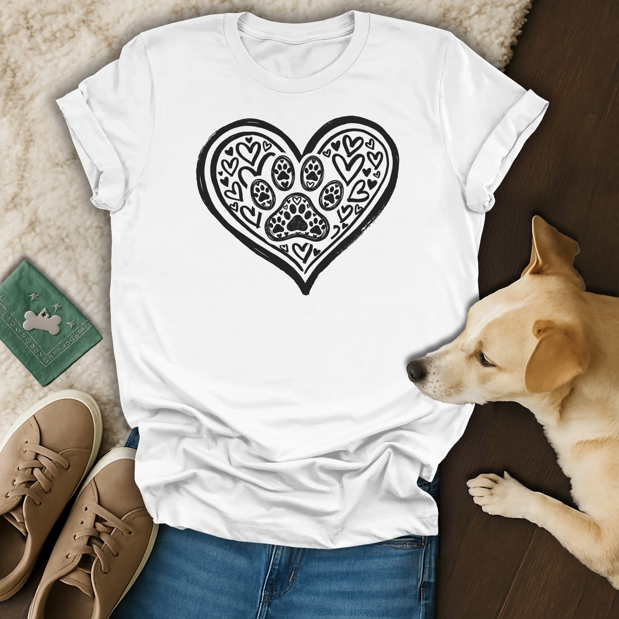 White t-shirt with black heart design filled with paw prints and dog hearts.