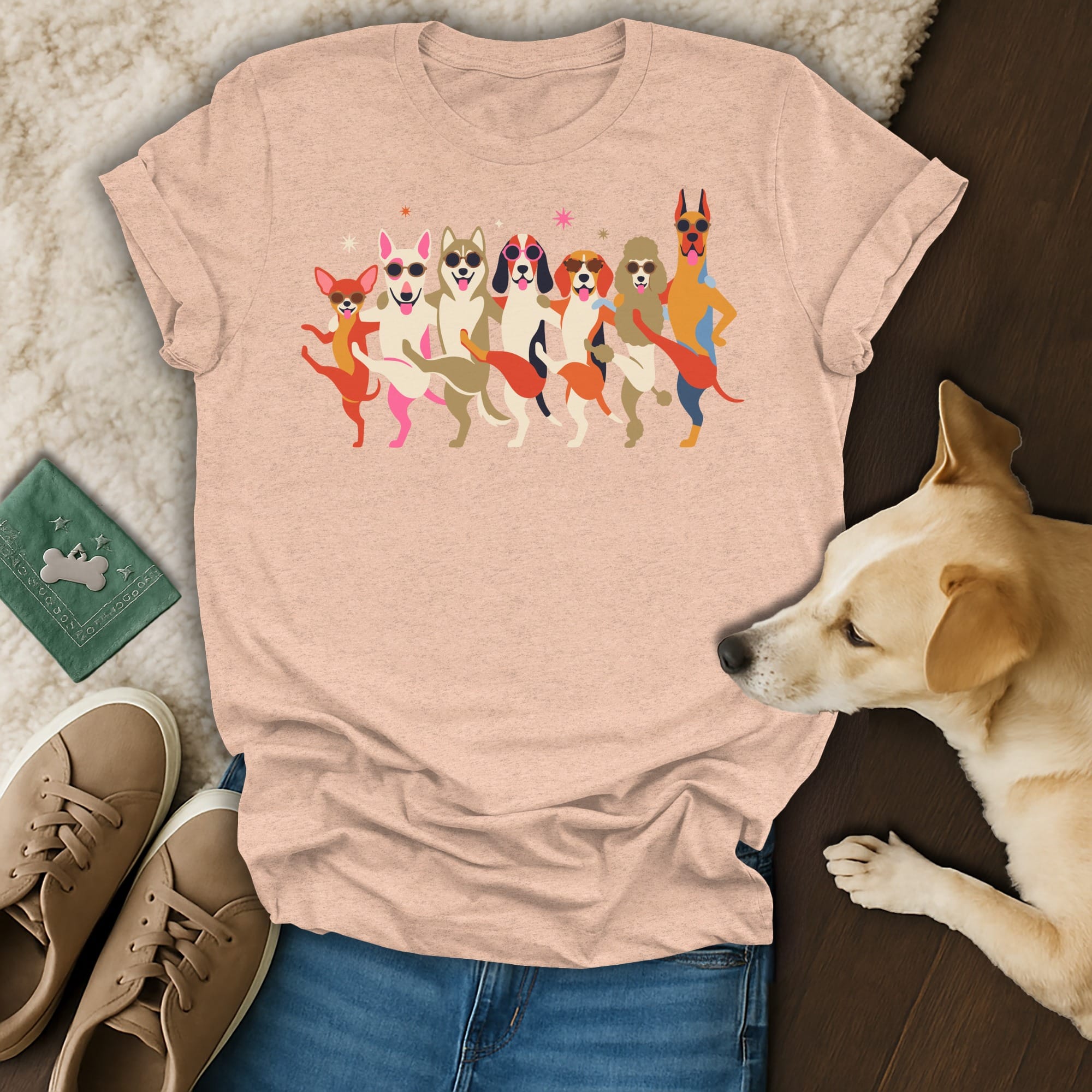 Peach t-shirt with a colorful illustration of seven dogs wearing sunglasses, dancing.