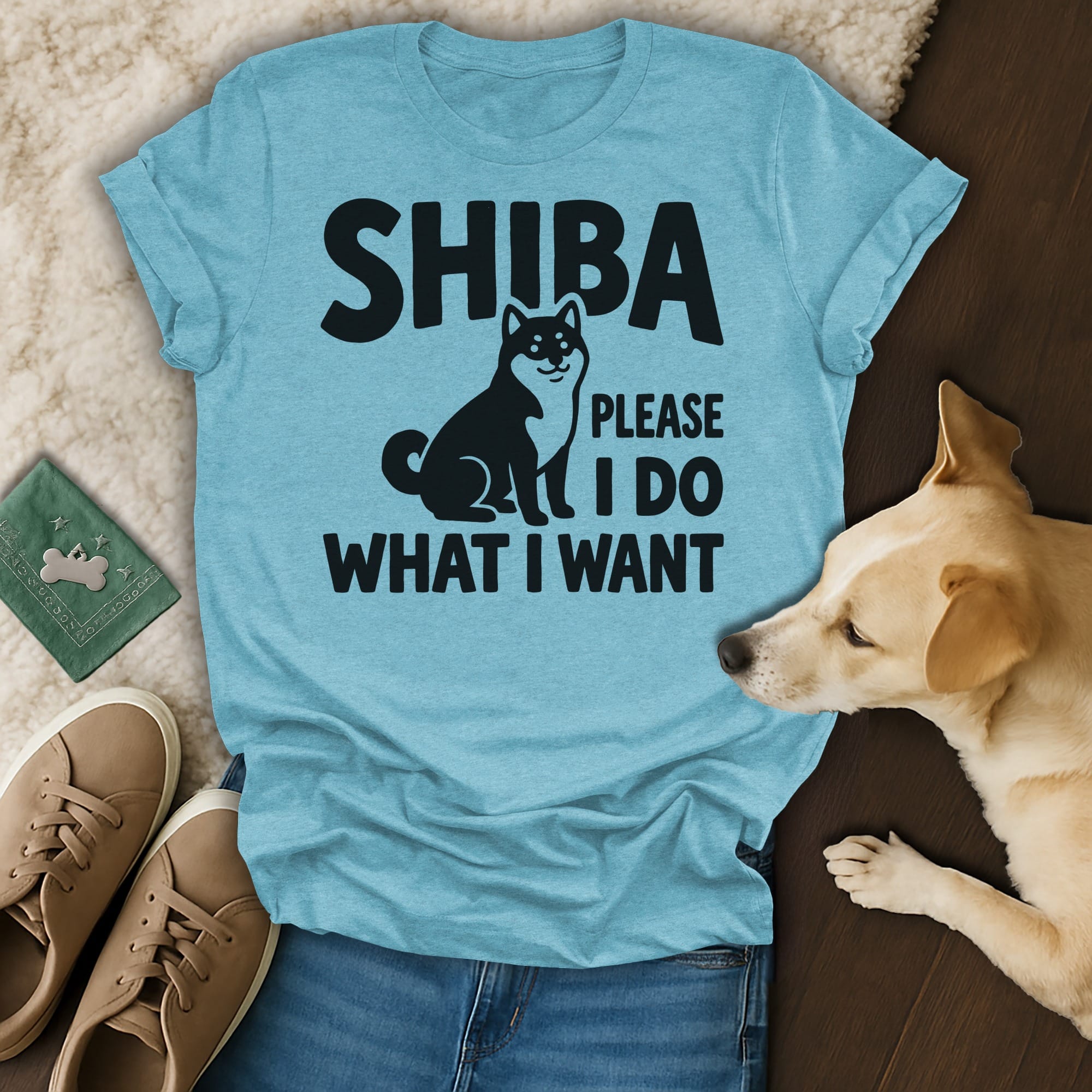 Light blue t-shirt with black text and Shiba Inu dog graphic: "SHIBA PLEASE I DO WHAT I WANT".