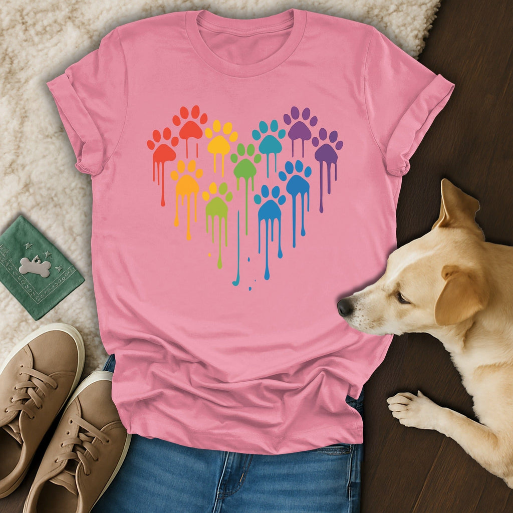 Colorful Dripping Paw Prints Heart Design T-shirt