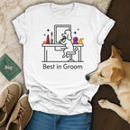 Line art of a poodle at a vanity with makeup and the text "Best in Groom".