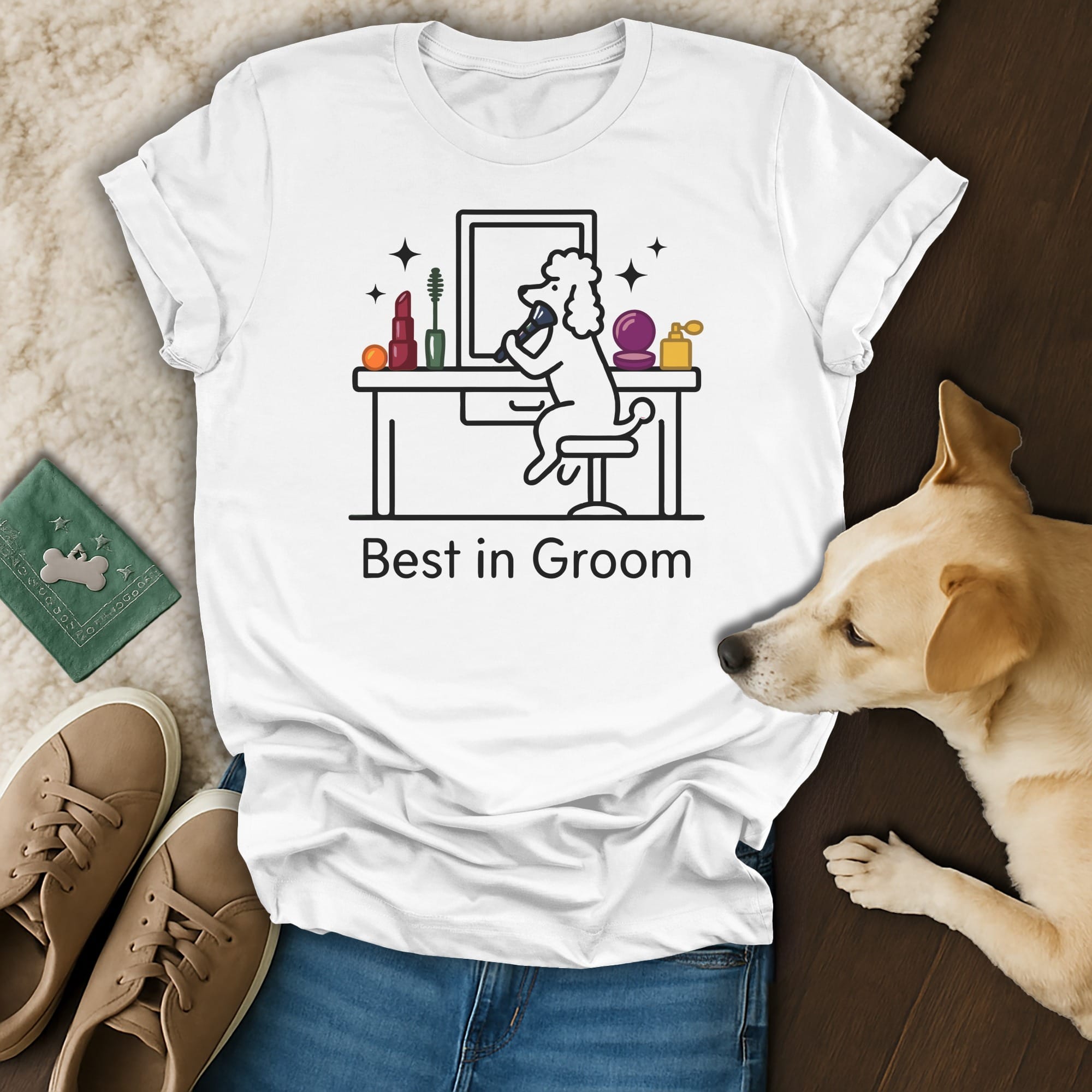 Line art of a poodle at a vanity with makeup and the text "Best in Groom".