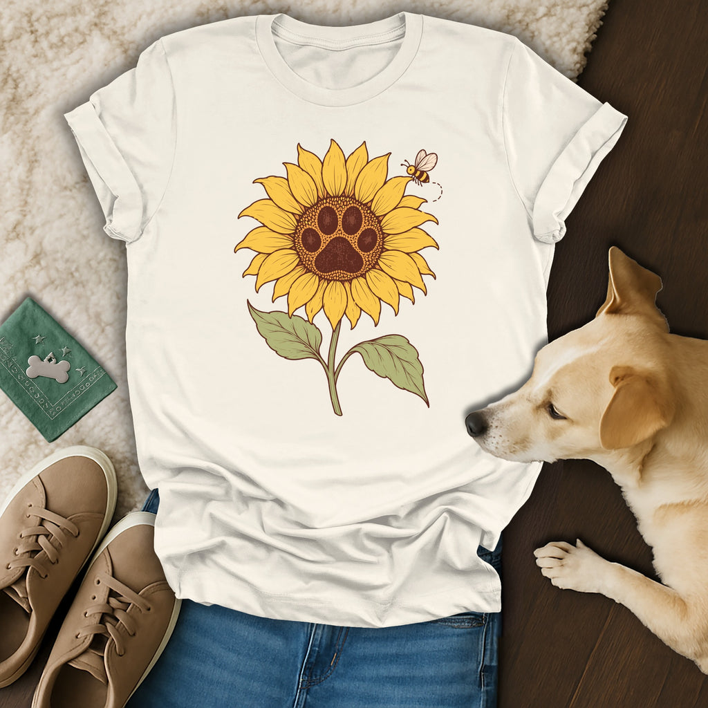 A cream-colored t-shirt featuring a sunflower with a paw print center and a bee, lying on jeans next to a dog, shoes, and a green passport holder.