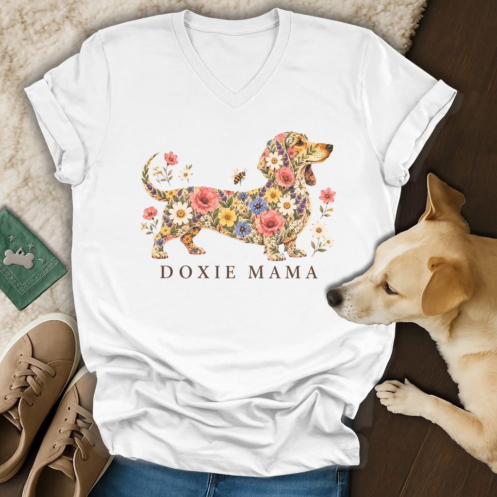 A white v-neck t-shirt featuring a floral dachshund graphic and the text DOXIE MAMA.