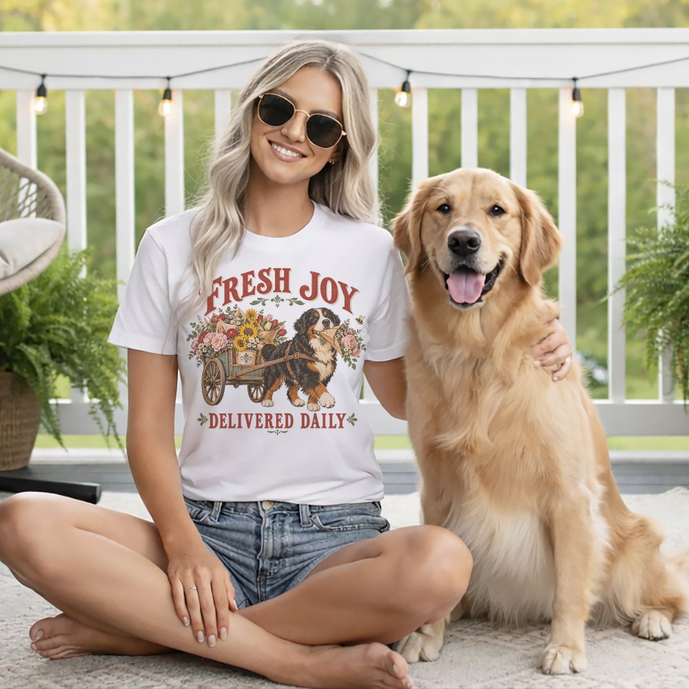 A smiling blonde woman in a white graphic t-shirt sits beside a Golden Retriever on a deck.