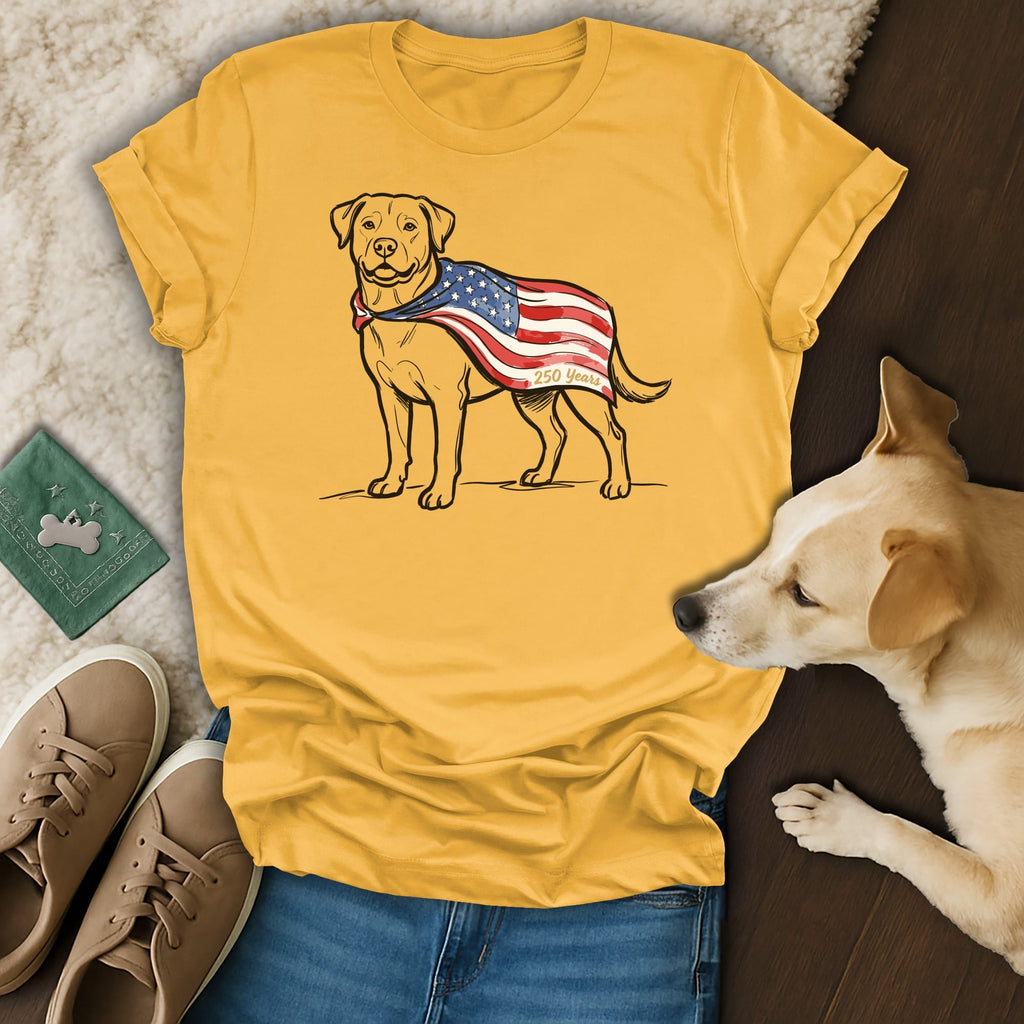 Yellow t-shirt with a Labrador wearing a US flag and "250 Years".