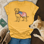 Yellow t-shirt with a Labrador wearing a US flag and "250 Years".