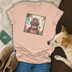 Peach t-shirt with graphic of dog relaxing on pool float with coconut drink.