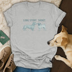 Grey v-neck t-shirt with dachshund and pug illustration and text "LONG STORY SHORT."