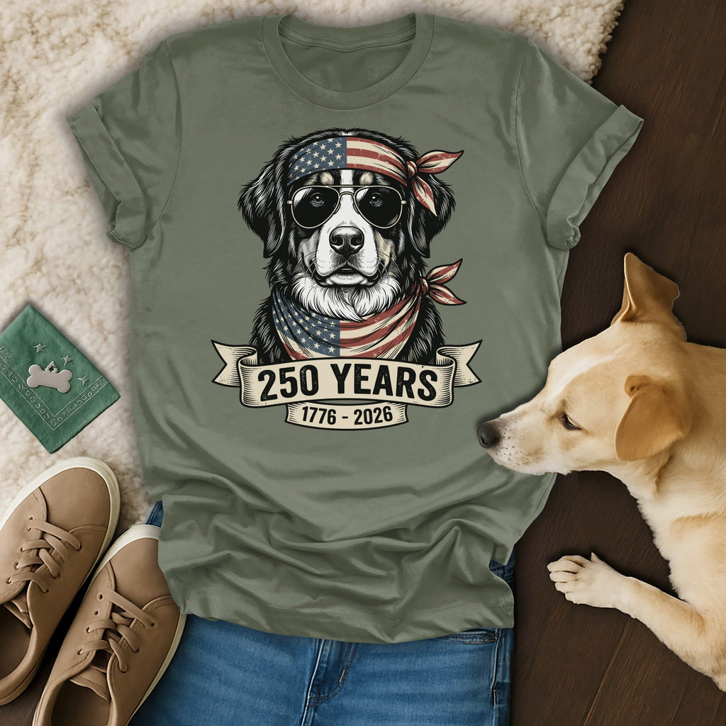 Dog wearing sunglasses and bandana with American flag, "250 Years 1776-2026" text.