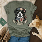 Dog wearing sunglasses and bandana with American flag, "250 Years 1776-2026" text.