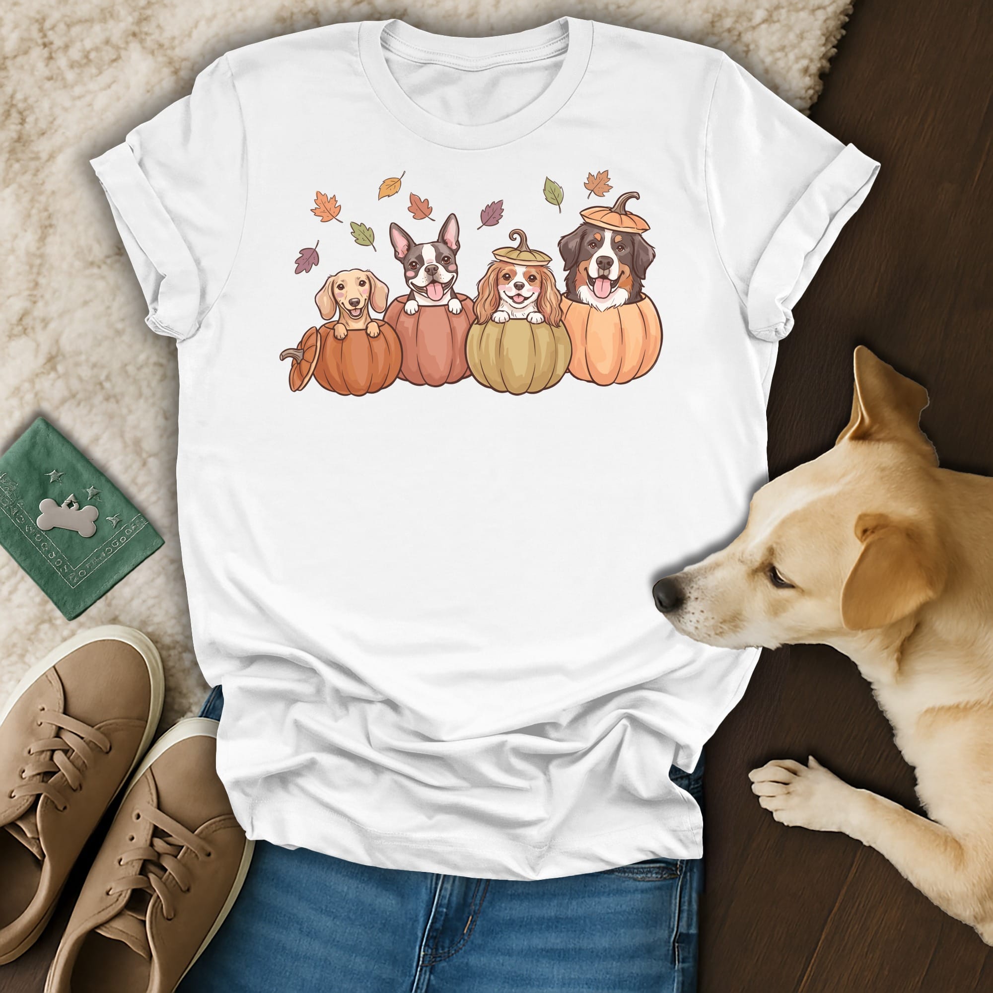 White t-shirt with four dogs in pumpkins and falling autumn leaves graphic.