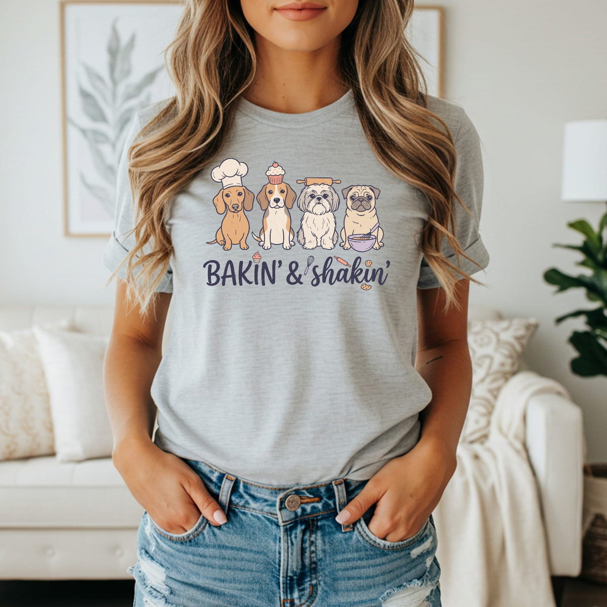 Four dogs in baking attire with text "Bakin' & Shakin'".
