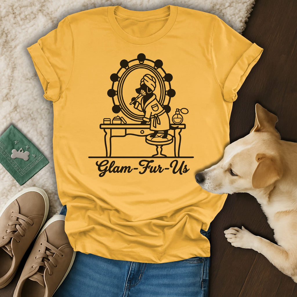 Yellow t-shirt with "Glam-Fur-Us" text and a cartoon duck at a vanity.