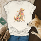 An off-white t-shirt featuring a golden retriever made of flowers with the text Golden Mama.