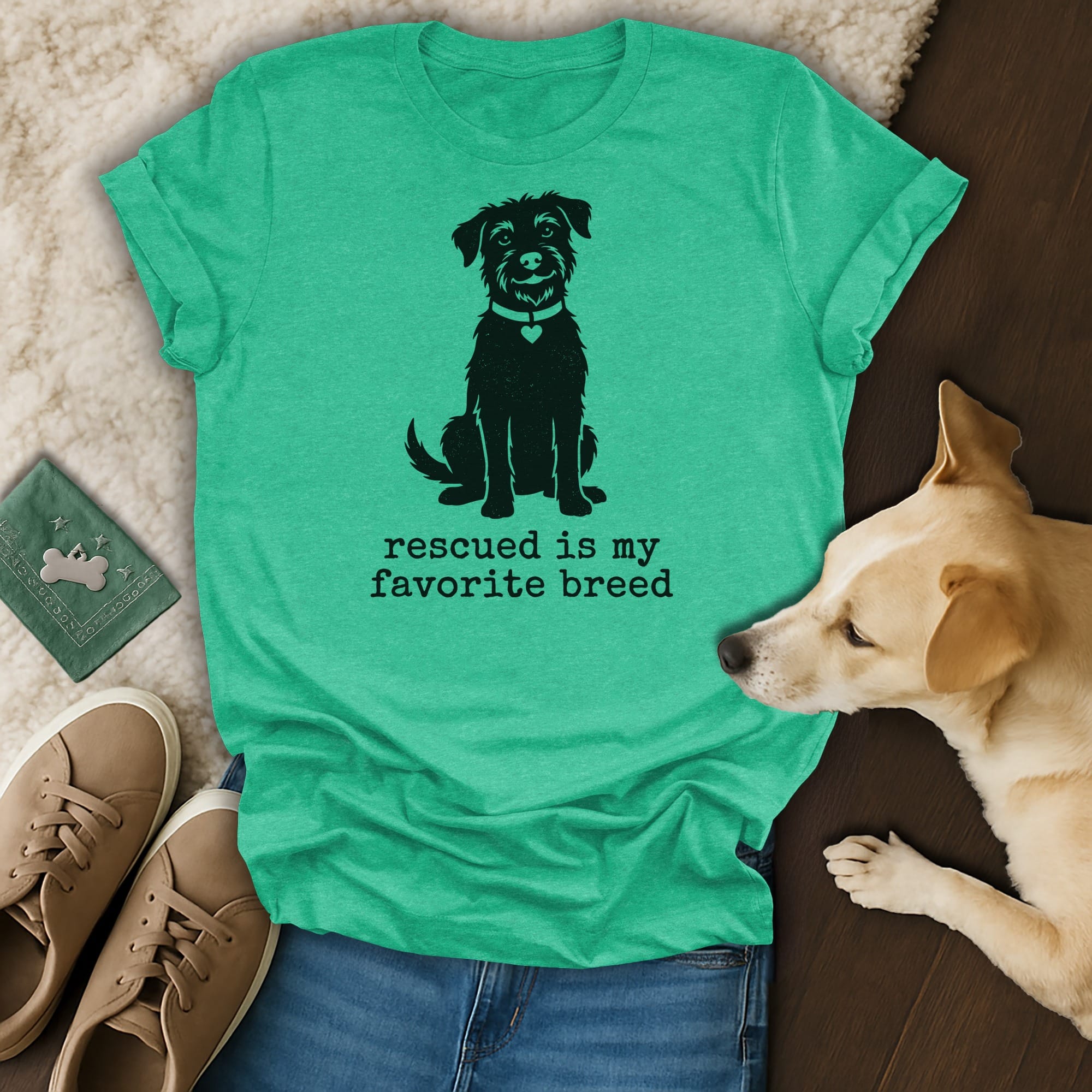 Green t-shirt with black dog silhouette and "Rescued is my favorite breed" text.