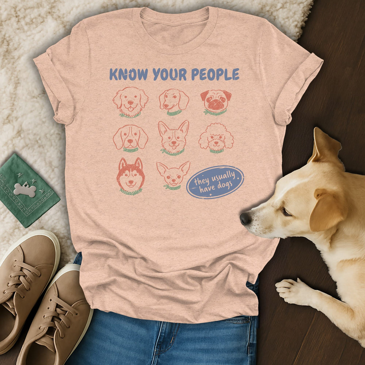 Peach t-shirt with "Know Your People" and illustrated dog faces.