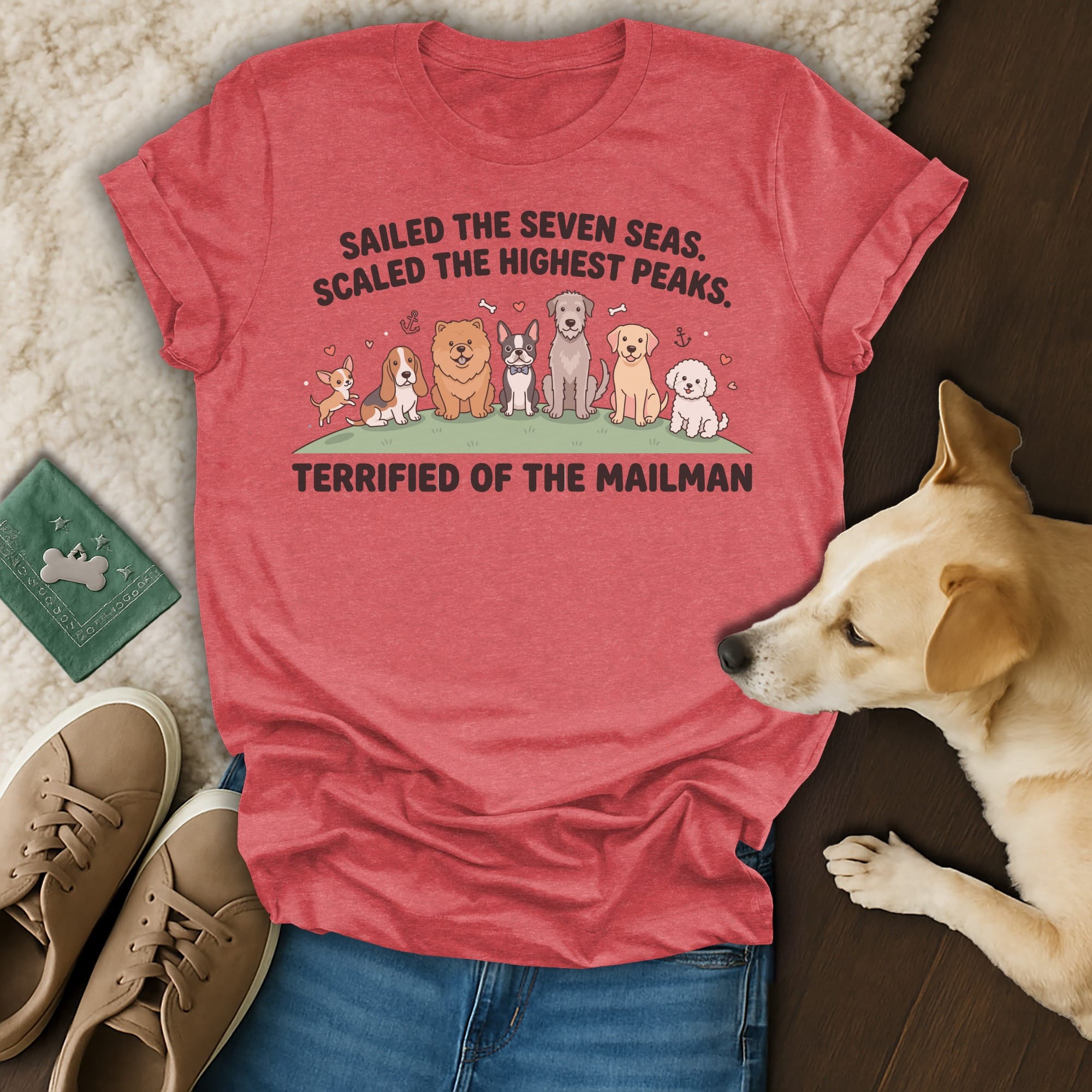 T-shirt with dogs and text about sailing, climbing, and fear of the mailman.