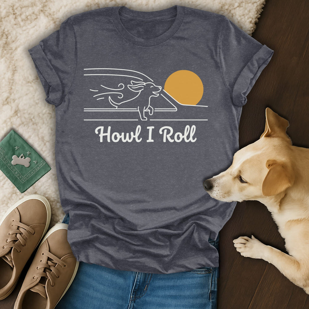 Dark t-shirt with white graphic of a dog running and "Howl I Roll" text.