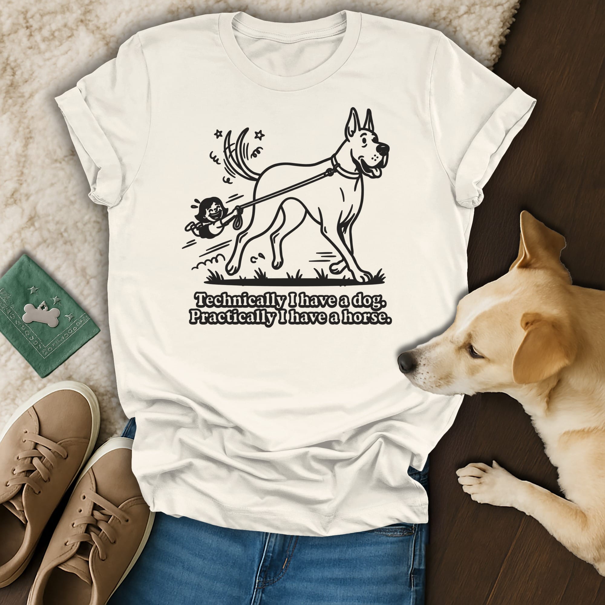 T-shirt with a Great Dane pulling a small person, text reads "Technically I have a dog. Practically I have a horse."