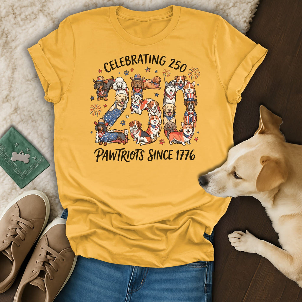 Yellow t-shirt celebrating 250 Pawtriots Since 1776 with patriotic dogs.