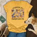 Yellow t-shirt celebrating 250 Pawtriots Since 1776 with patriotic dogs.