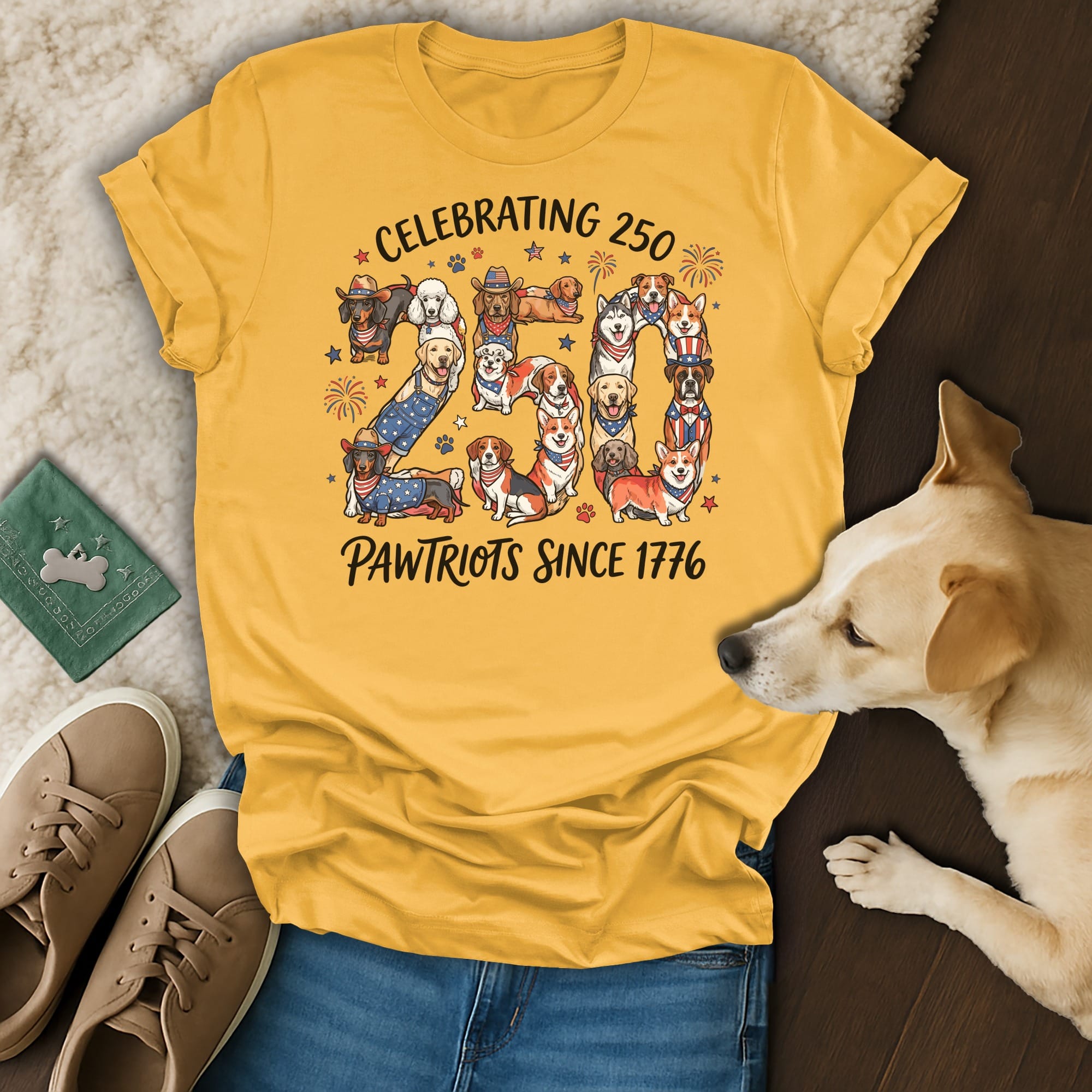 Yellow t-shirt celebrating 250 Pawtriots Since 1776 with patriotic dogs.