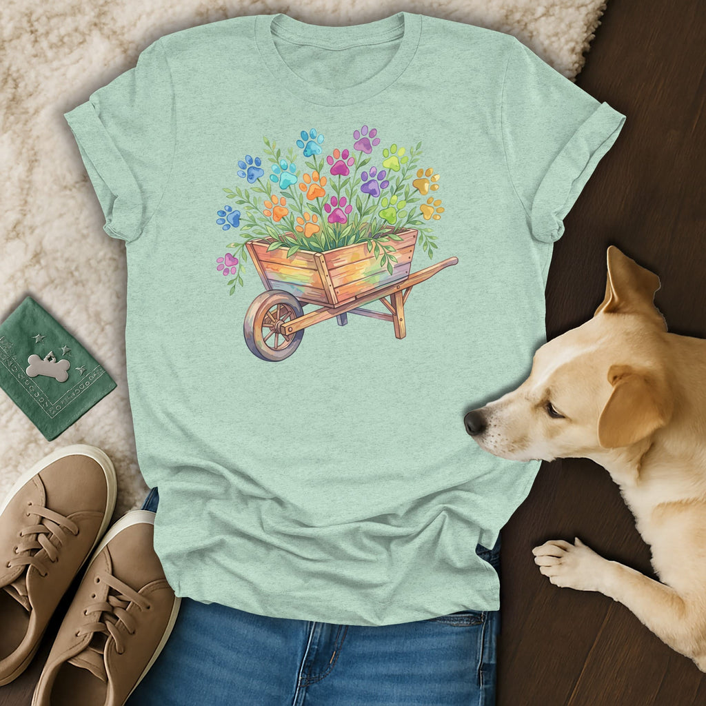 Watercolor illustration of a wooden wheelbarrow filled with colorful paw print flowers on a light teal t-shirt.