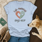 Light blue t-shirt with "Life Happens Dogs Help" graphic and paw heart.