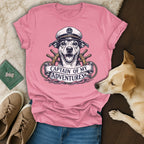 Dog wearing a captain's hat with "Captain of my Adventures" text.