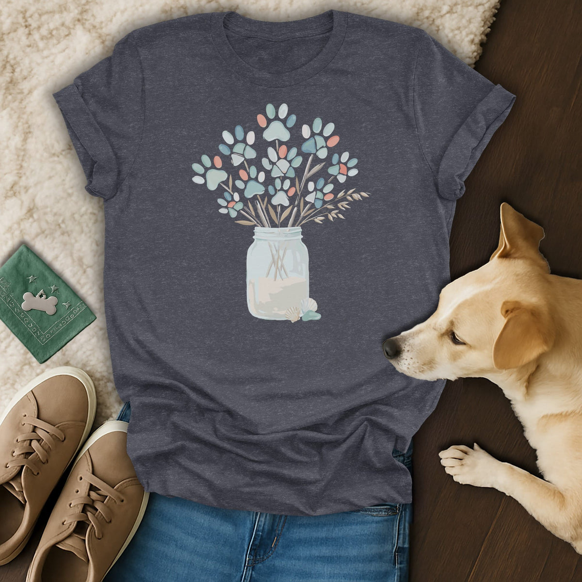 Dark grey t-shirt with a floral paw print design in a mason jar.