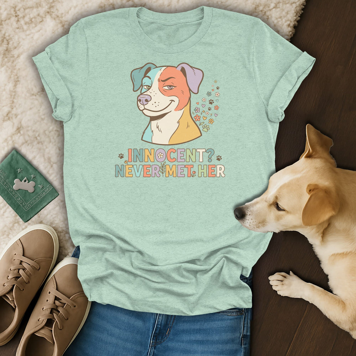 Light mint t-shirt with a cartoon dog and text "INNOCENT? NEVER MET HER."
