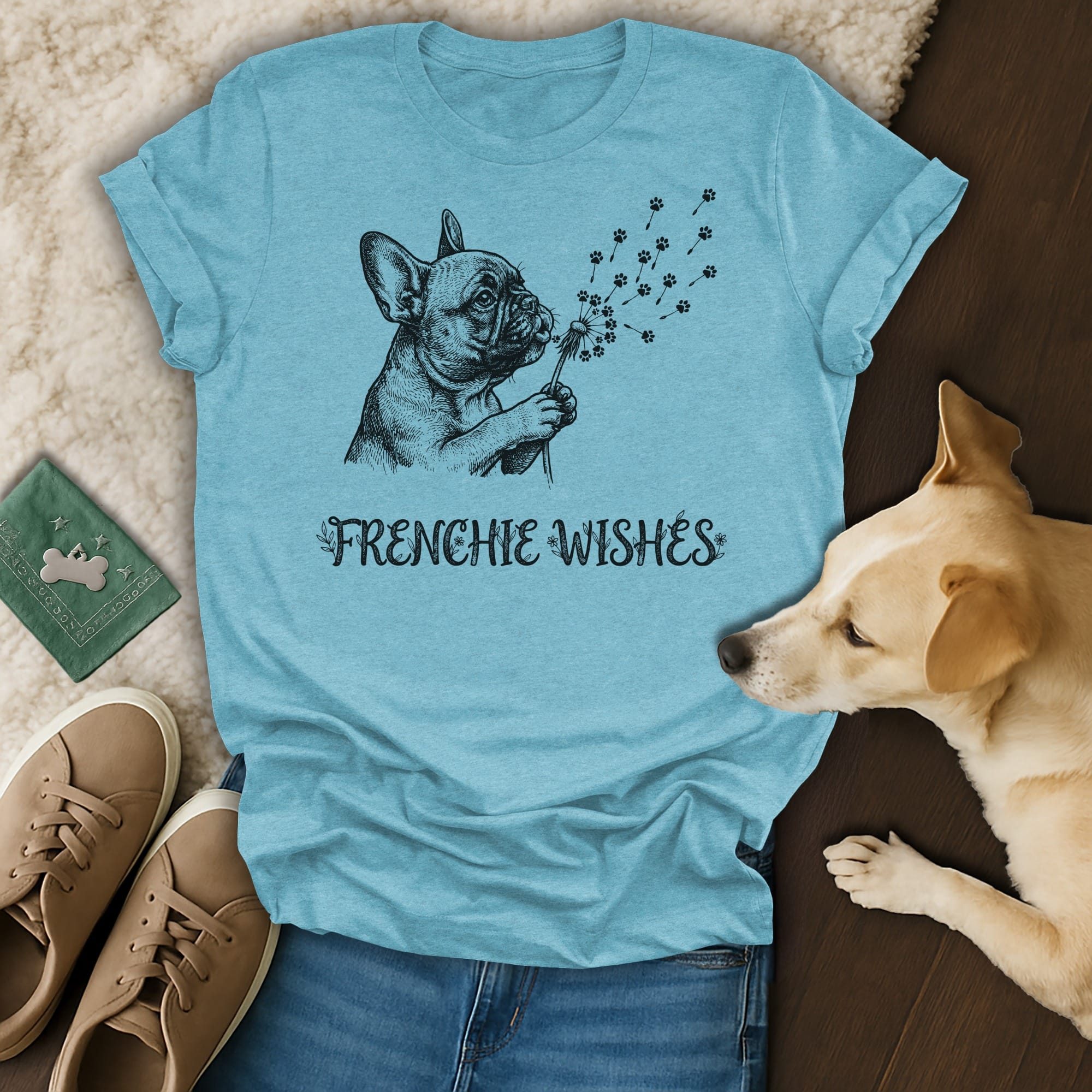 French bulldog blowing dandelion seeds with text "FRENCHIE WISHES".