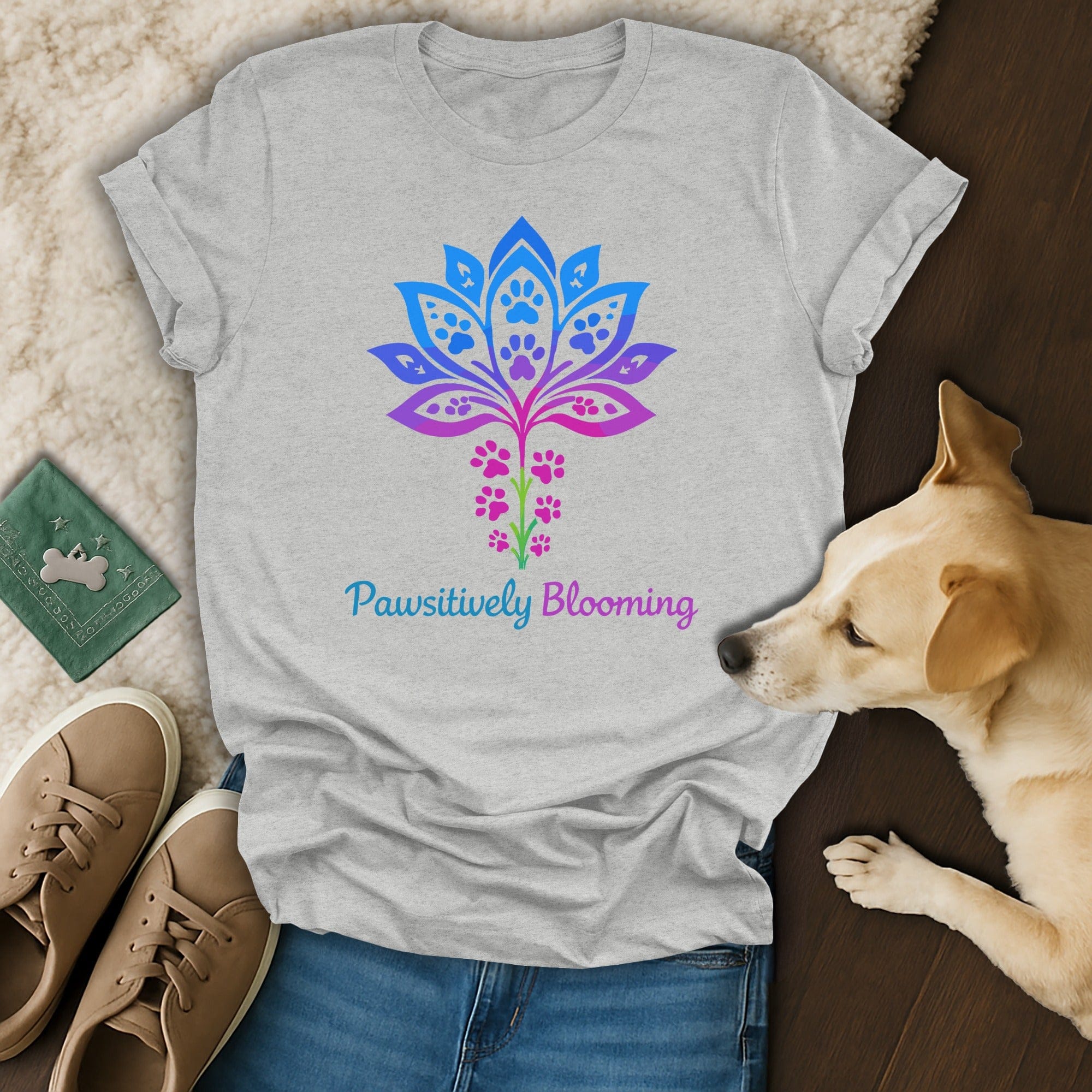 Pawsitively Blooming T-shirt with Colorful Paw Print Design