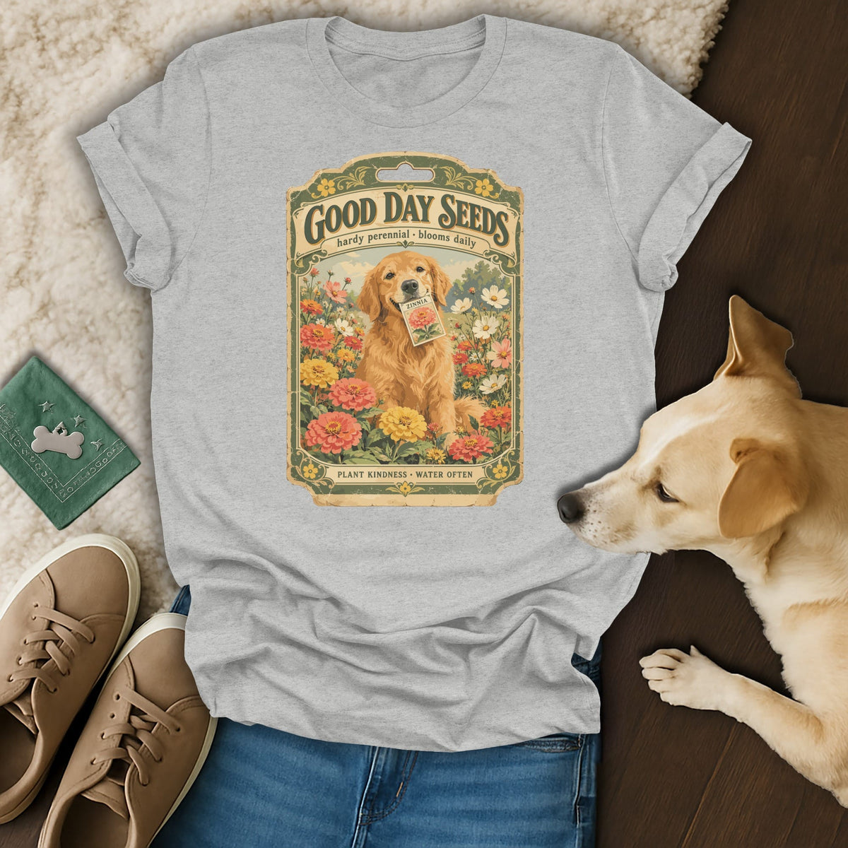 Gray t-shirt featuring a vintage seed packet graphic with a golden retriever holding zinnia seeds.