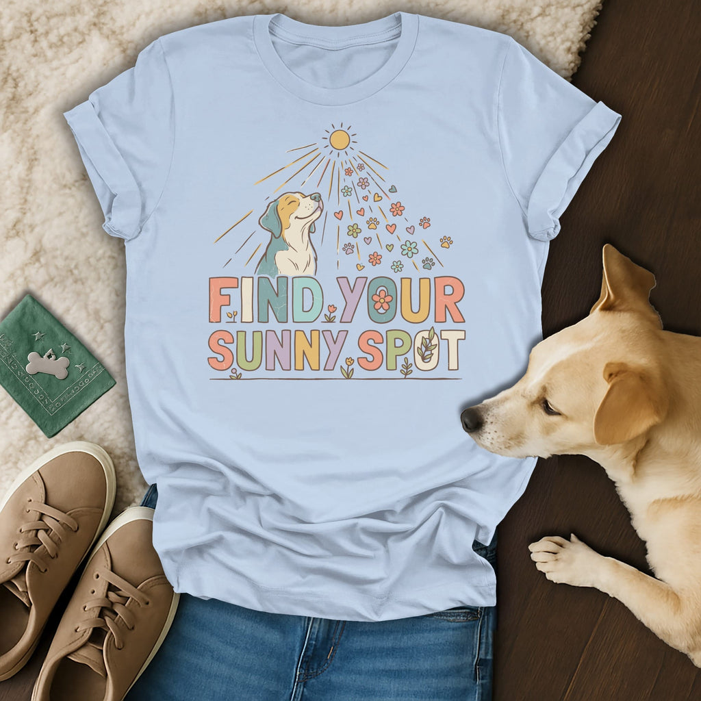 Light blue t-shirt with a beagle dog and text: FIND YOUR SUNNY SPOT