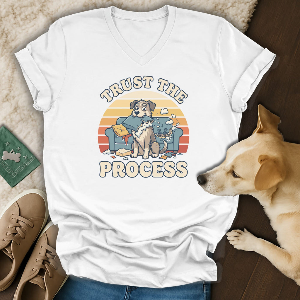 White t-shirt with graphic of two dogs and text "TRUST THE PROCESS".