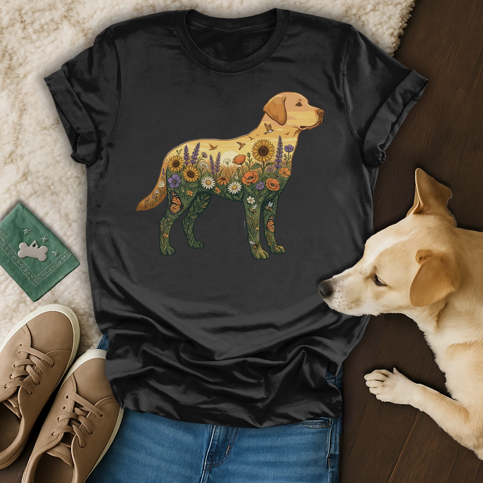 Black t-shirt with a yellow labrador silhouette filled with flowers and butterflies.