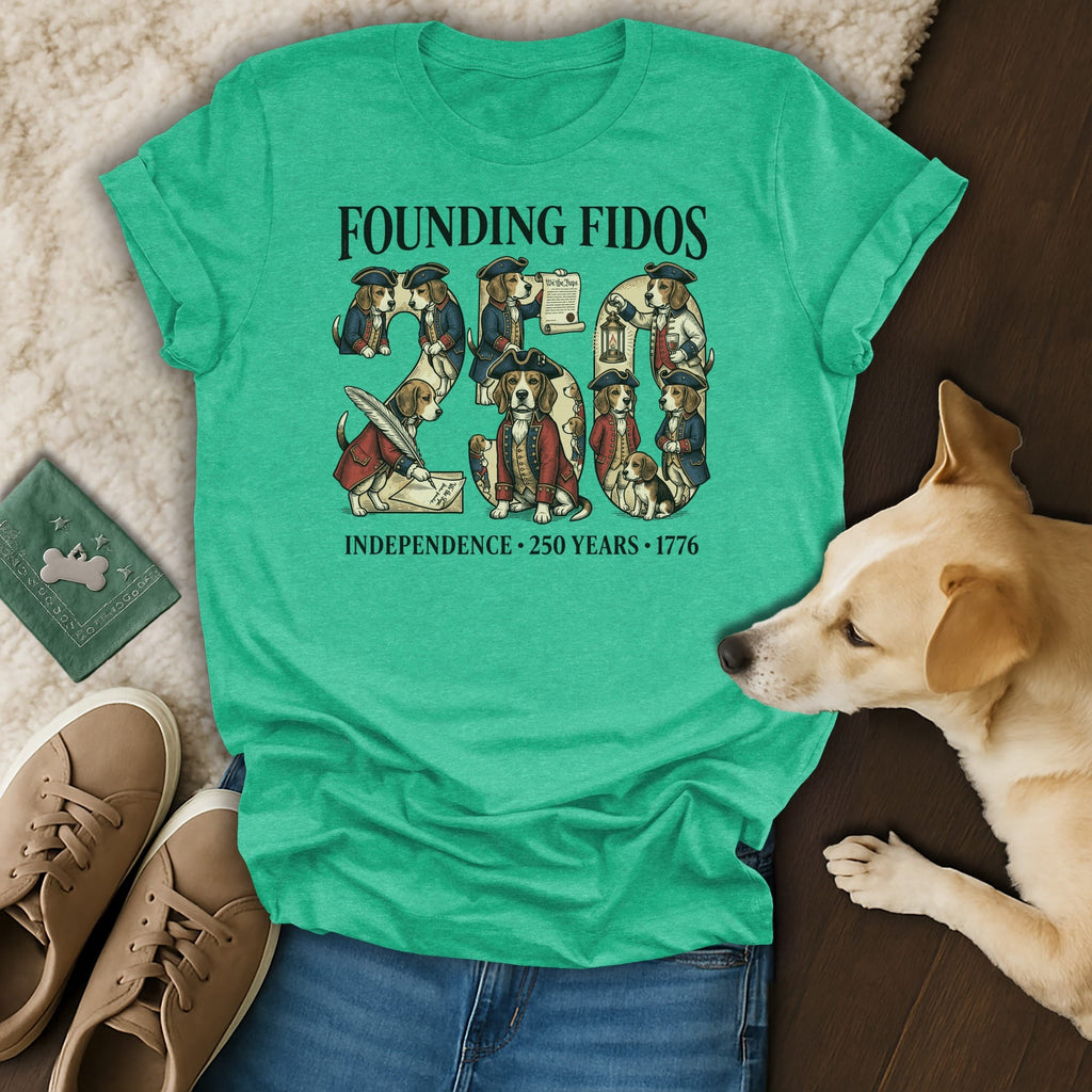 Green t-shirt with "Founding Fidos" and dog-themed Independence Day graphics.