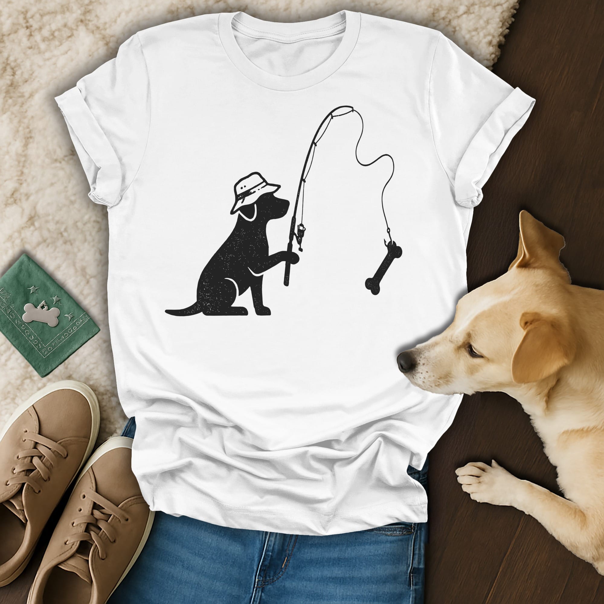 Black silhouette of a dog wearing a hat, fishing for a bone.