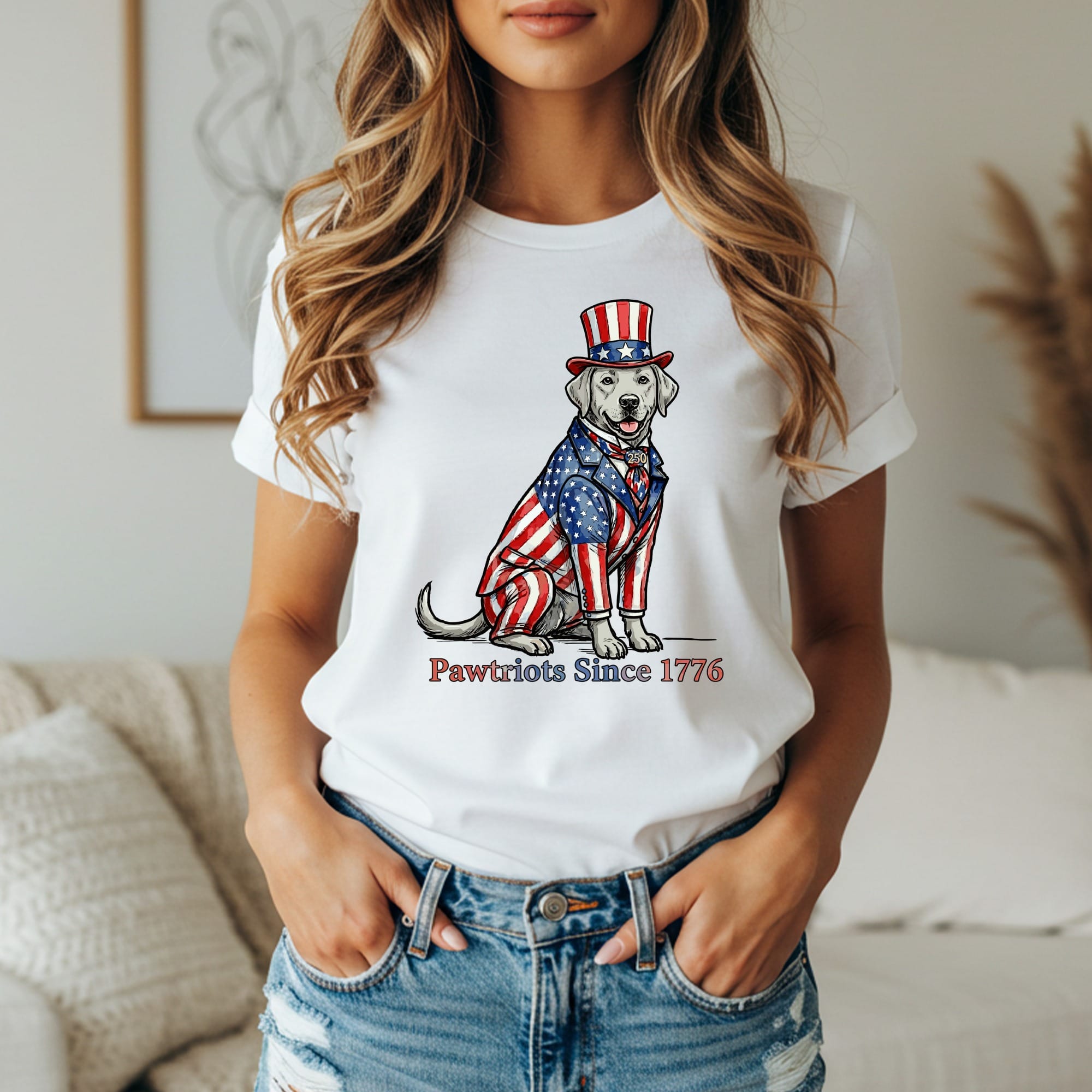 Dog wearing American flag suit and hat, "Pawtriots Since 1776" text.