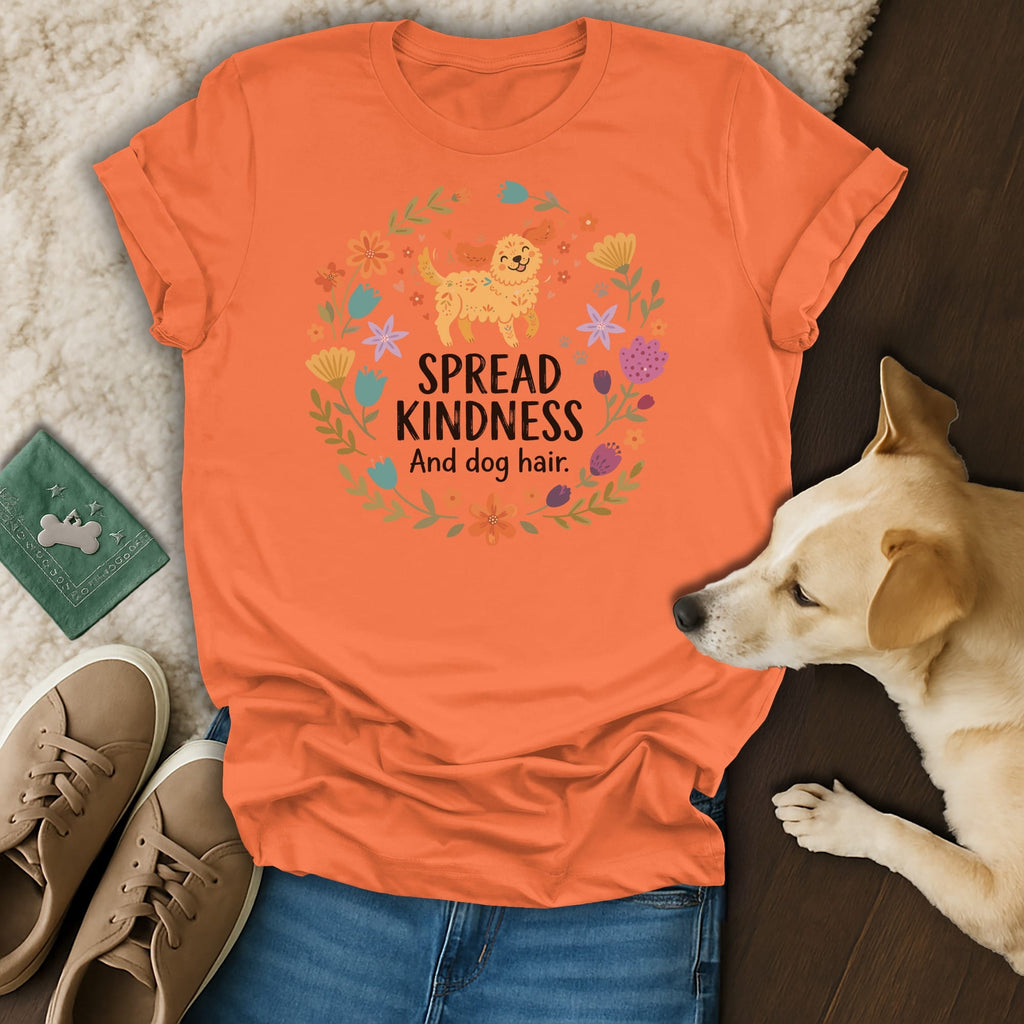 Orange t-shirt with dog and flowers graphic that says "Spread Kindness and dog hair."