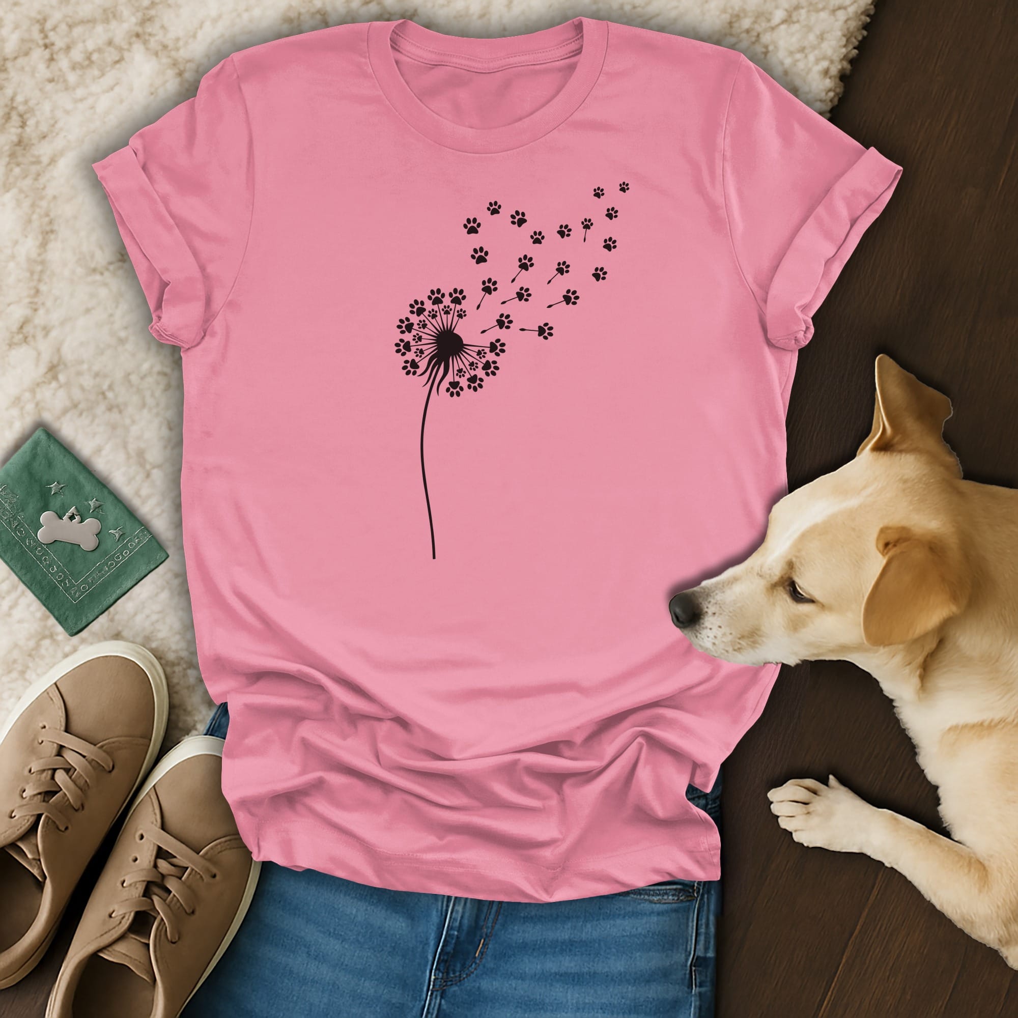 Pink t-shirt with a black dandelion and paw print design.