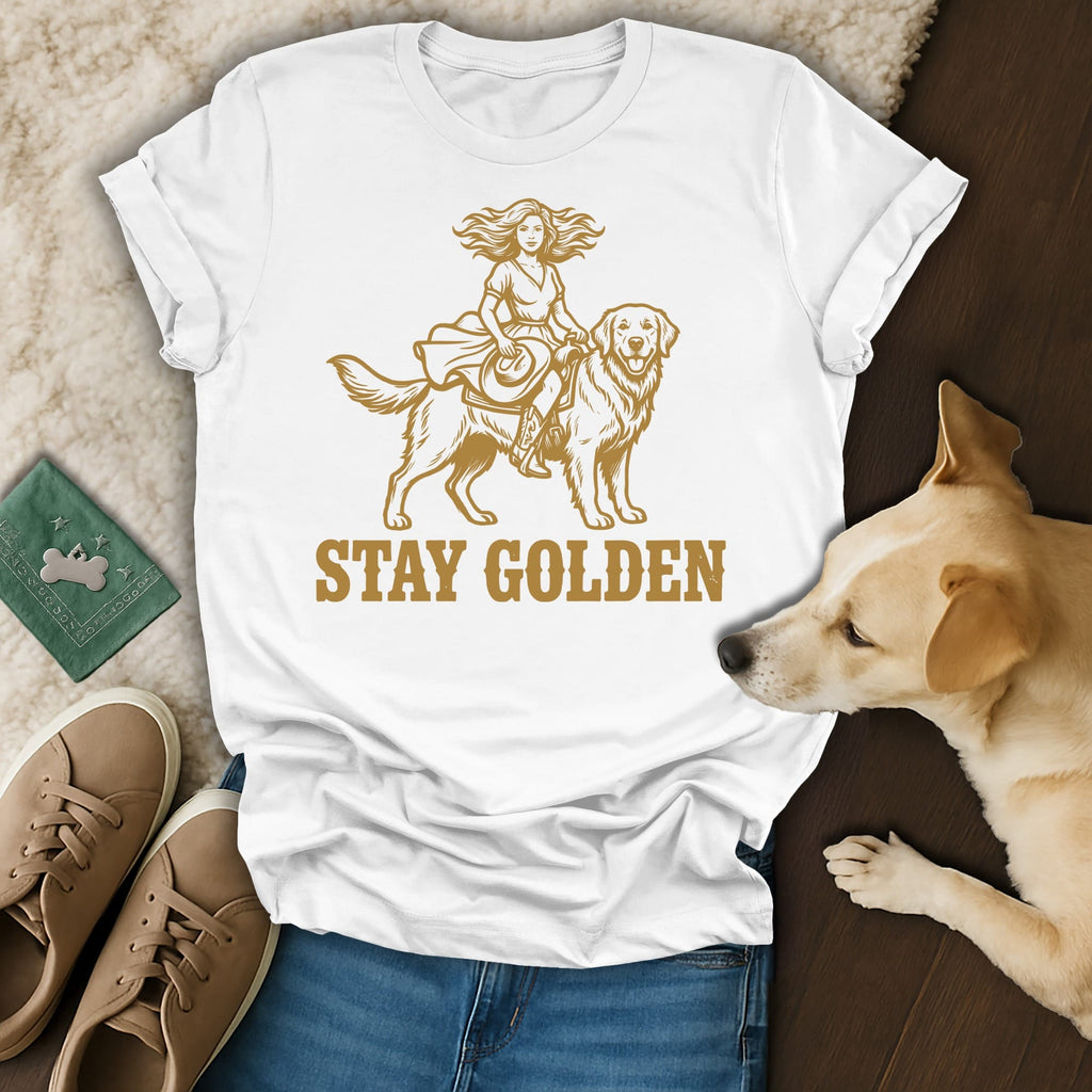 White t-shirt with "STAY GOLDEN" and a graphic of a woman riding a golden retriever.